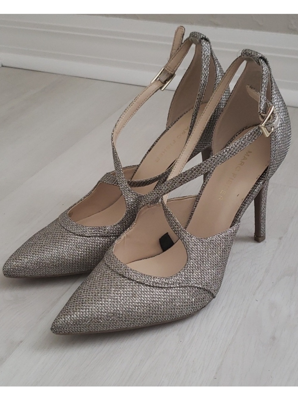 Marc Fisher Silver Glitter Pointed Slingback Stiletto